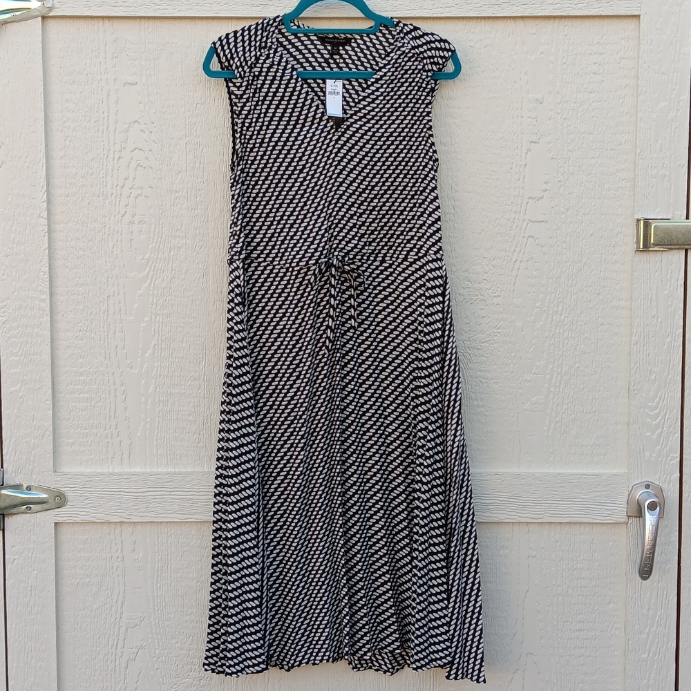 New Banana Republic Gathered Midi Pleated Dress Black & White Print Sz Medium